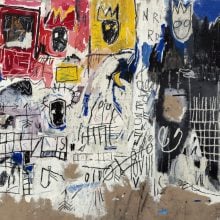 Jean-Michel Basquiat’s 1981 painting Crowns (Peso Neto), featuring his signature crowned figures, abstract faces, and vivid red, yellow, blue, and black brushwork.