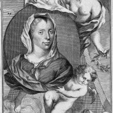 black and white etching of a woman's face in a tondo surrounded by cherubs