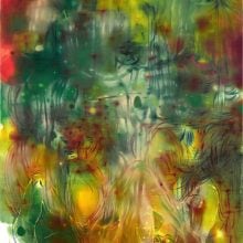 An abstract painting in green, red, and yellow