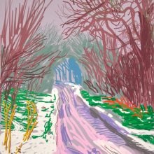 a winter scene with a purple road