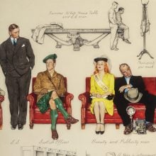 A Norman Rockwell illustration showing diverse visitors, including a soldier and Miss America, waiting at the White House.