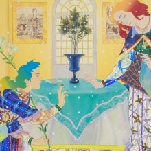 two angelic figures based on an Annuciation painting by Sandro Botticelli are painted in a electric kaleidoscope of colors