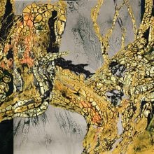 Expansive gold-and-black abstract panel resembling interwoven roots or cracked earth; metallic veins and textured surfaces intertwine across dark depths, suggesting resilience, decay, and renewal in motion.