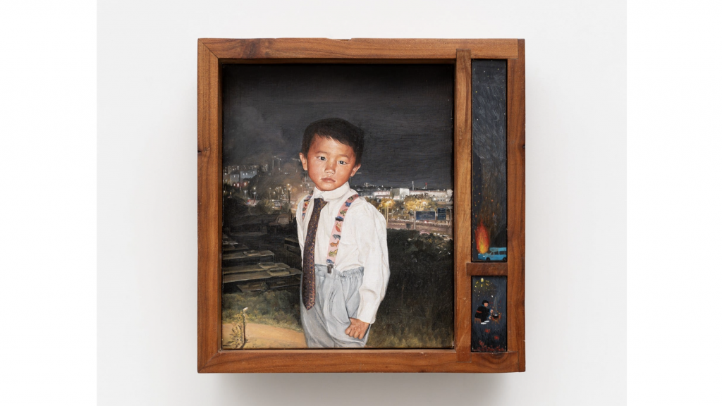 a painting of a young asian boy in a white shirt, tie , and suspenders