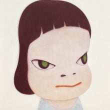 Contemporary painting of a wide-eyed child with a large head, pale skin, and green eyes, rendered in a minimalist, surreal style with soft pastel tones.