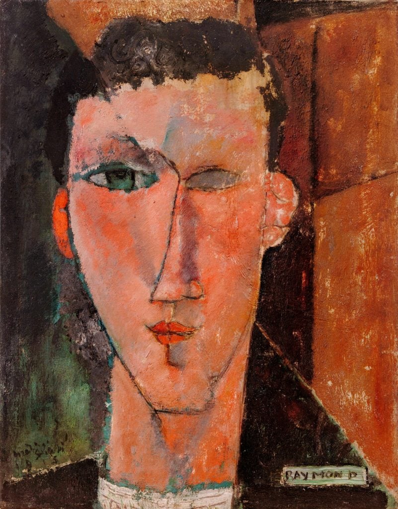 A stylized painting shows the face of a young boy in a Cubist style