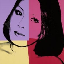 Pop art portrait featuring a woman’s face in overlapping color blocks of lavender, yellow, and magenta, screen printed in Andy Warhol’s signature style.