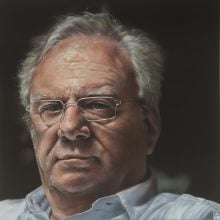 Hyperrealistic portrait painting of Louis K. Meisel with white hair and glasses, wearing a light blue collared shirt. He has a serious, contemplative expression and is shown from the shoulders up against a dark background. The detailed rendering captures the texture of his skin, hair, and glasses with striking realism.