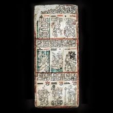 Page from Dresden Codex featuring intricate Maya glyphs and deities in red, black, and turquoise ink.