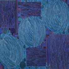 An abstract painting wrought in mulitple shades of blue, with circular shapes oriented in the middle of the canvas at a diagonal, with darker blue squares behind it