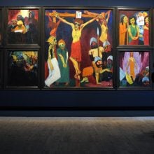 An oil-on-canvas polyptych, The Life of Christ (1911–1912) by Emil Nolde, featuring nine Expressionist panels centered on the Crucifixion. The work was displayed by the Nazis in the 1937 "Degenerate Art" exhibition