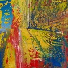 Abstract painting by Gerhard Richter featuring bold, gestural brushstrokes in vivid primary colors — red, yellow, green, and blue — layered dynamically across the canvas. The composition is textured and expressive, with streaks and splashes of paint creating a sense of movement and energy, blending areas of dense pigment with open spaces of vibrant color.
