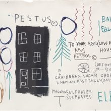 a spare white canvas features a black building and sketches of trees and writing