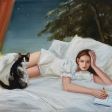 A painting by Karyn Lyons depicting a young woman lying on a bed with white sheets under a night sky, resting her head on one hand while holding a pencil over a notebook, with a black-and-white cat sitting beside her and looking toward the viewer.