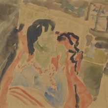 A loose, colorful watercolor sketch by Kirchner depicting a man seated in his bedroom.