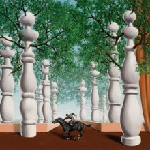 A painting by René Magritte shows a jockey on a black horse in a mysterious landscape, with several giant white balusters sprouting branches as if they were tall trees