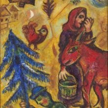 A vibrant painting by Marc Chagall titled Le Sapin Bleu (1961), depicting a dreamlike village scene in bold colors. A figure dressed in green kneels at the base of a strikingly blue pine tree, while a woman in red rides a donkey, holding a bucket. A red rooster, crescent moon, and stylized houses float in the background, creating a surreal, symbolic composition characteristic of Chagall’s poetic style.