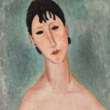 A stylized painting shows a woman from the bust up, holding a white piece of fabric before her, against a pale blue background