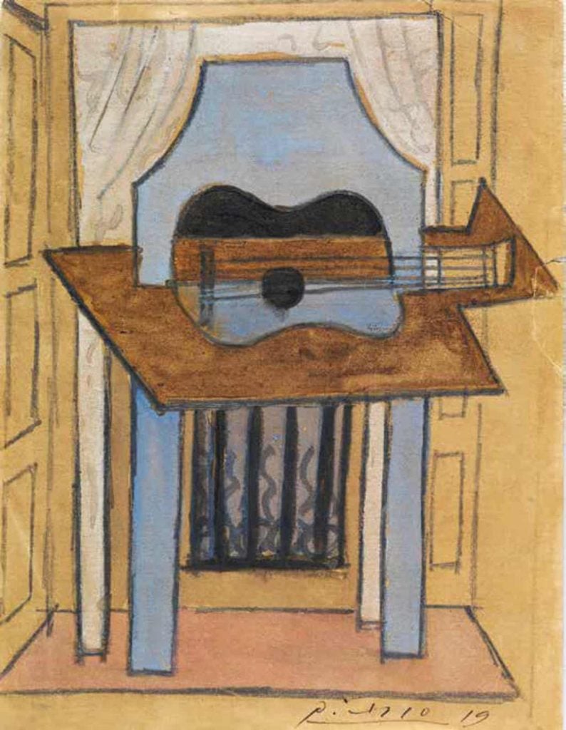 A cubist painting of a guitar on a table by Pablo Picasso, combining geometric forms and muted tones in an abstract interior scene.