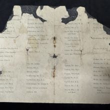 Torn, stained Titanic passenger list shows names in faded type, including “Mr. Frederick Sutton.”