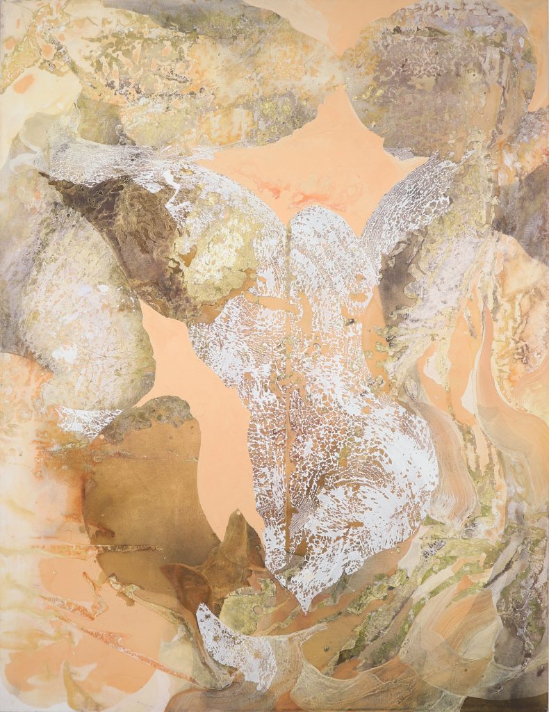 An abstract painting composed of layered organic textures and flowing shapes in warm earth tones—peach, beige, brown, and hints of white and gold. The composition evokes natural forms such as rock surfaces or landscapes, with intricate patterns and a sense of depth and movement. Courtesy of Arcadia Art Consultancy.
