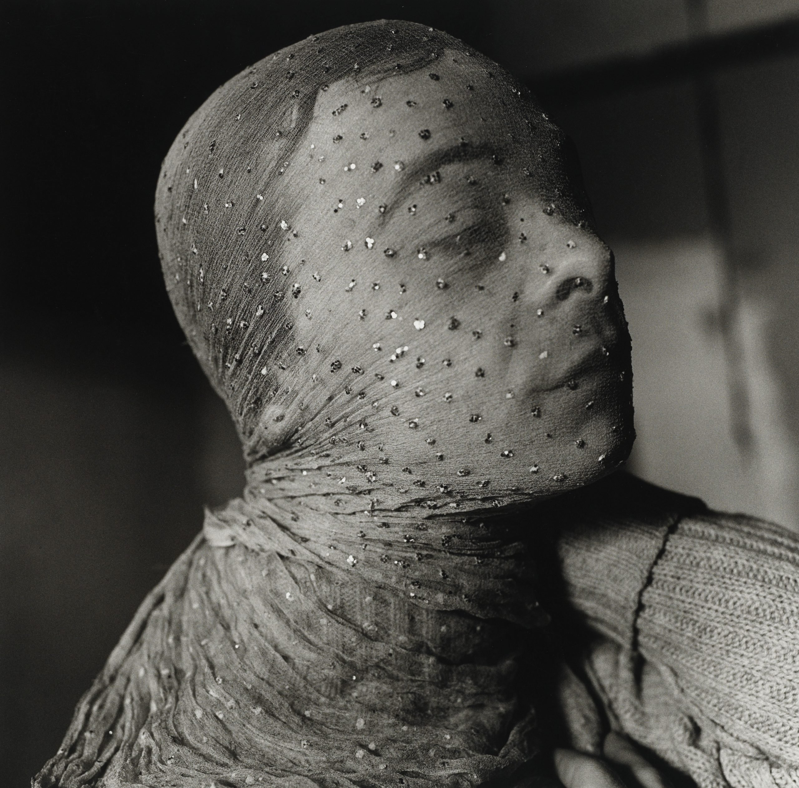 Peter Hujar, Gary Indiana Veiled, 1981, gelatin silver print, purchased on The Charina Endowment Fund, The Morgan Library & Museum, 2013.108:1.35. © Peter Hujar Archive, LLC, courtesy Pace/MacGill Gallery, New York and Fraenkel Gallery, San Francisco.