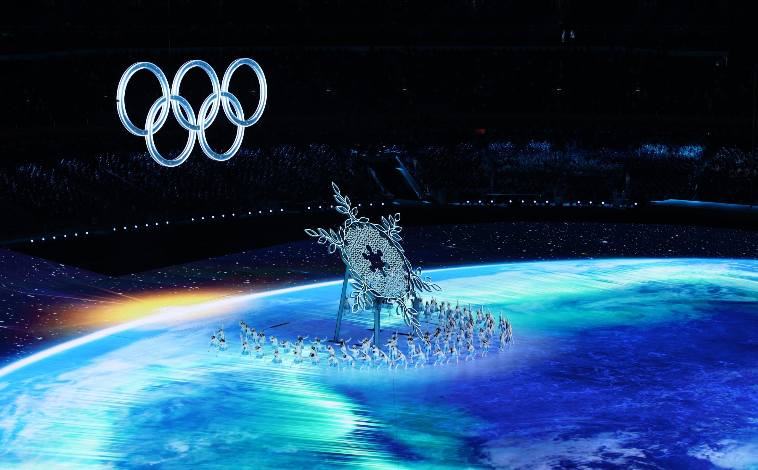 A giant snowflake sculpture during the opening ceremony of the Beijing 2022 Winter Olympic Games, at the National Stadium, known as the Bird's Nest, in Beijing, on February 4, 2022. Photo by Adam Pretty/Getty Images.