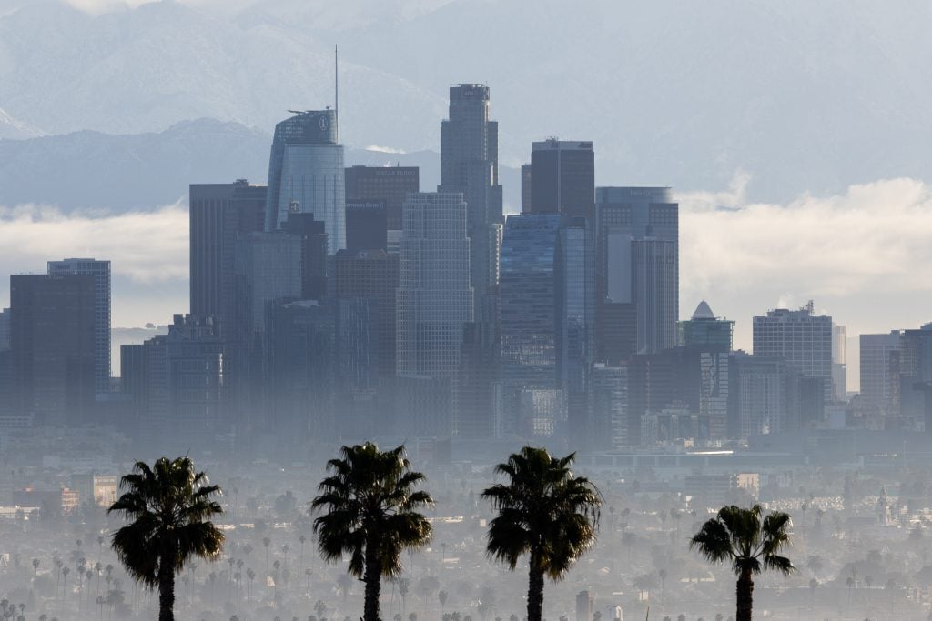 Silhouettes of plm trees can be seen against a hazy Los Angeles city skyline with mountains in the background