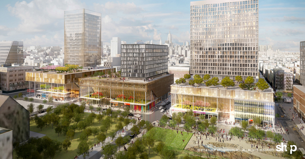 Rendering for Essex Crossing, a development on six acres of vacant land on New York's Lower East Side that will house the second branch of the Andy Warhol Museum. Photo: Delancey Street Associates / SHoP Architects.