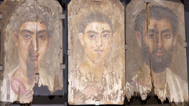 The Roman-era Egyptian mummy portraits in natural light show no traces of the blue pigments underneath. Photo: Phoebe A. Hearst Museum of Anthropology, University of California, Berkeley.