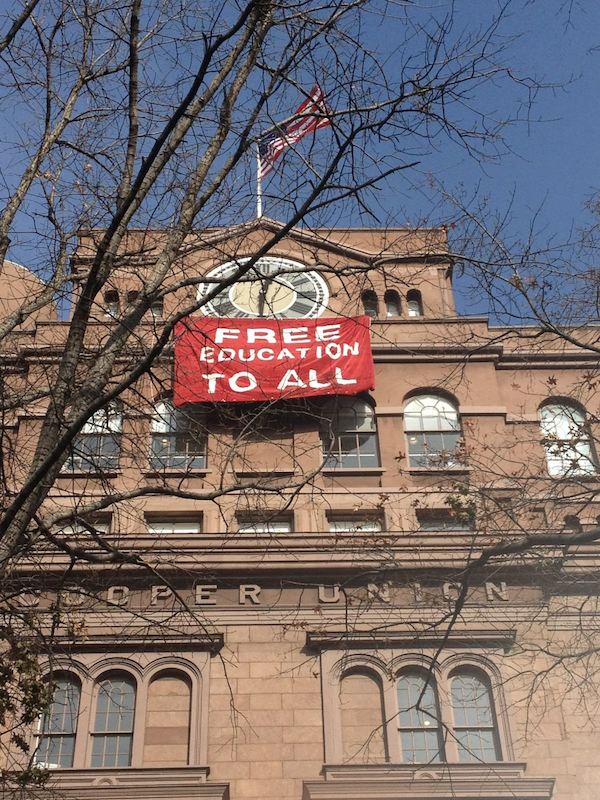 A banner hangs on the front of the Cooper Union during the student occupation of the school<br>Image: Courtesy Free Cooper Facebook