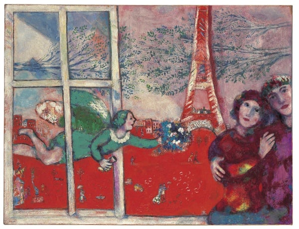 Marc Chagall <em>Les mariés de la Tour Eiffel</em> (1928). <br /> Price Realised:£7,026,500/$10,111,134/€ 9,260,927.<br /> Image: Courtesy of Christie's